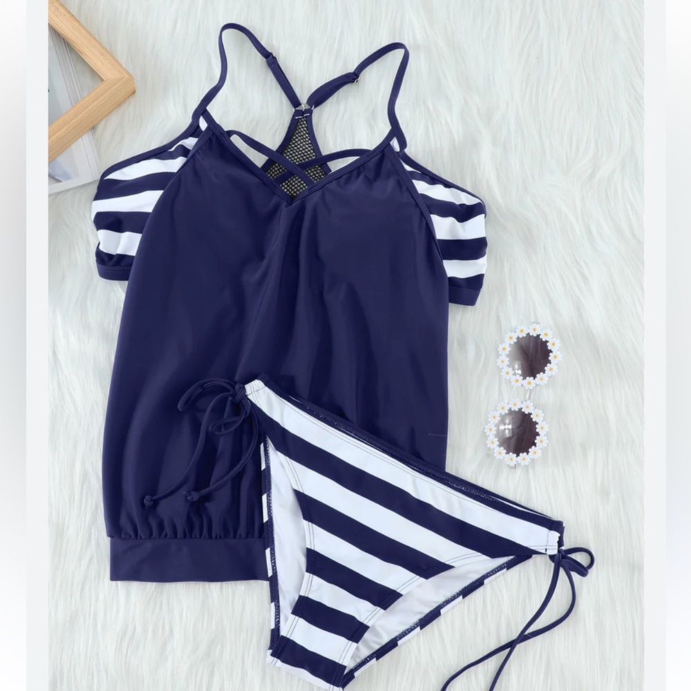 Women's Halter Tankini Navy‎ Blue Stripe Swimsuit NWT Size XL